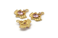 Gold Heart Charms, 2 Gold Plated Brass Winged Heart Shaped Pink Crystal Charms With 1 Loop, Pendants, Earring Findings (15x14mm) SY0106