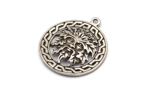 Silver Round Charm, Antique Silver Plated Brass Green Man Charms With 1 Loop, Charm Pendants (30x27mm) N1940