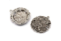 Gümüş Yuvarlak Charm, Antik Gümüş Kaplama Pirinç Viking Charm, 1 Döngü, Kolye Uçları, Bulgular (32x29mm) N1939 H1502
