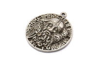 Silver Round Charm, Antique Silver Plated Brass Viking Charm With 1 Loop, Pendants, Findings (31x28mm) N1941 H1504