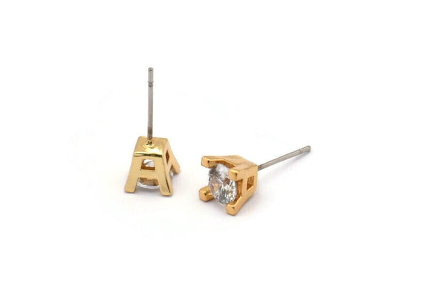Gold Stud Earring, 4 Gold Plated Brass 4 Claw Stud Earrings, CZ Pave Earrings, Round Zircon Stud Earrings (9x7mm) SY0301