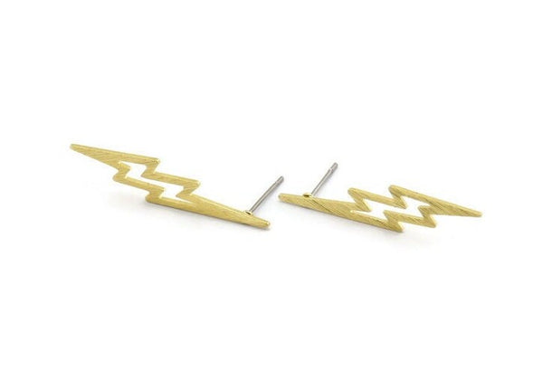 Brass Lightning Earring, 8 Textured Raw Brass Lightning Bolt Stud Earrings (34x8x0.80mm) M02558 A0557