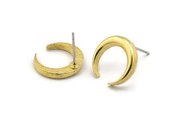Brass Moon Earring, 6 Raw Brass Crescent Moon Stud Earrings (14x3x2mm) N1598