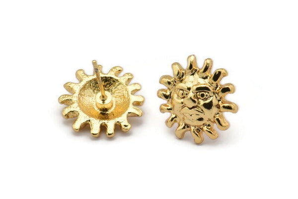 Gold Sun Earring, 2 Gold Plated Brass Sun Stud Earrings (15mm) N1523