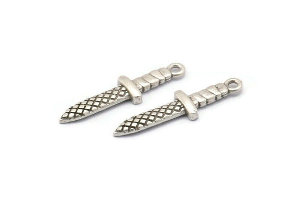 Silver Knife Charm, 4 Antique Silver Plated Brass Knife Charms With 1 Loop (28x7x2mm) N1647