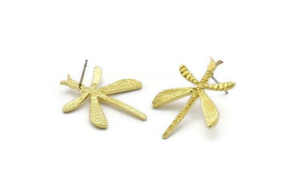 Brass Dragonfly Earring, 4 Raw Brass Dragonfly Stud Earrings (29x21mm) N1966