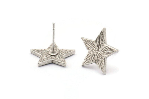 Silver Star Earring, 4 Antique Silver Plated Brass Star Stud Earrings (15x1.5mm) N1613