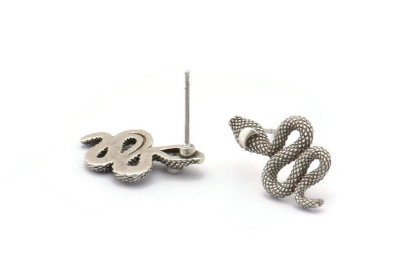 Silver Snake Earring, 4 Antique Silver Plated Brass Snake And Moon Stud Earrings (20x11x3mm) N1612 H1571