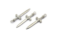 Knight&#39;s Sword Pendant, 4 Silver Tone Brass Sword Charms (36x10mm) N0248 H1208