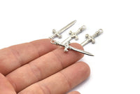 Knight&#39;s Sword Pendant, 4 Silver Tone Brass Sword Charms (36x10mm) N0248 H1208