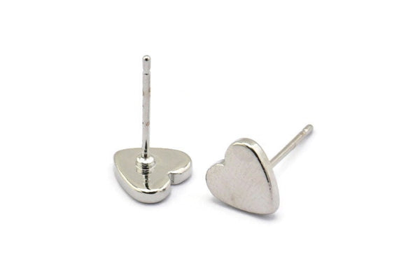 Silver Heart Earring, 8 Silver Tone Brass Heart Stud Earrings (8mm) D1459