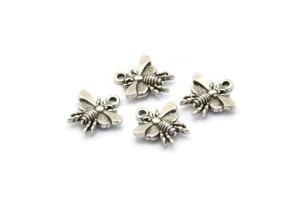 Silver Bee Charm, 10 Antique Silver Plated Brass Bee Charms With 1 Loop (12x11mm) N1651
