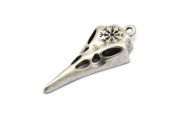 Gümüş Kuş Kafatası, Antik Gümüş Kaplama Pirinç Kar Tanesi Desenli Kuş Kafatası Tılsımı 1 Halka, Küpe Bulguları (36x15x6mm) N1962 H1505