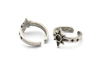 Silver Star Ring, 2 Antique Silver Plated Brass Ethnic Star Rings With 1 Stone Settings - Pad Size 4mm N1960 H1468
