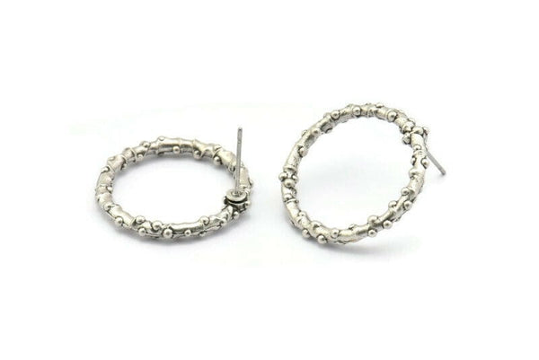 Silver Circle Earring, 2 Antique Silver Plated Brass Circle Stud Earrings (24x2mm) N1701