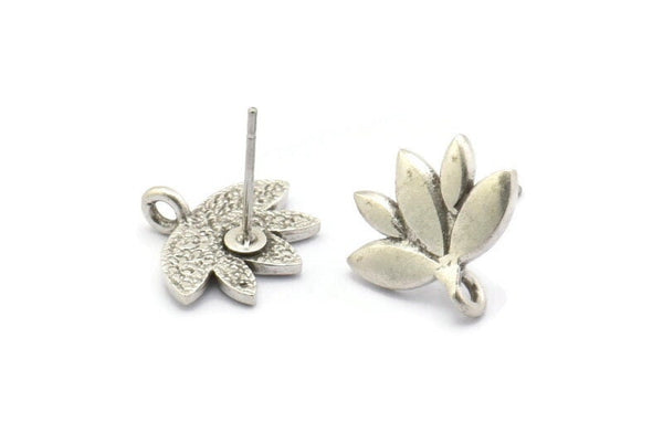 Earring Studs, 4 Antique Silver Plated Brass - Silver Lotus Flower Earrings - Earring Findings (15x13mm) N1718