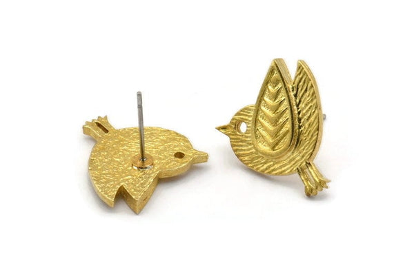 Brass Bird Earring, 2 Raw Brass Bird Stud Earrings (19x16x1.5mm) N1715