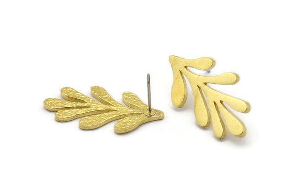 Brass Leaf Earring, 4 Raw Brass Leaf Stud Earrings (29x15x1.50mm) N1711