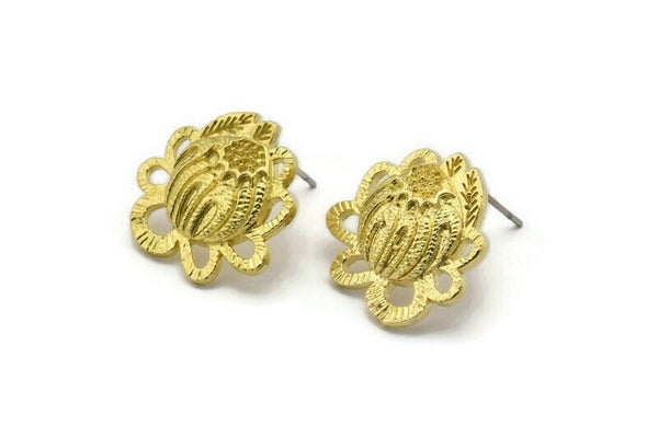 Brass Flower Earring, 2 Raw Brass Flower Shaped Stud Earrings (18x19mm) N1984