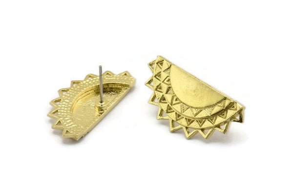 Brass Ethnic Earring, 2 Raw Brass Semi Circle Shaped Stud Earrings (13x28mm) N1986
