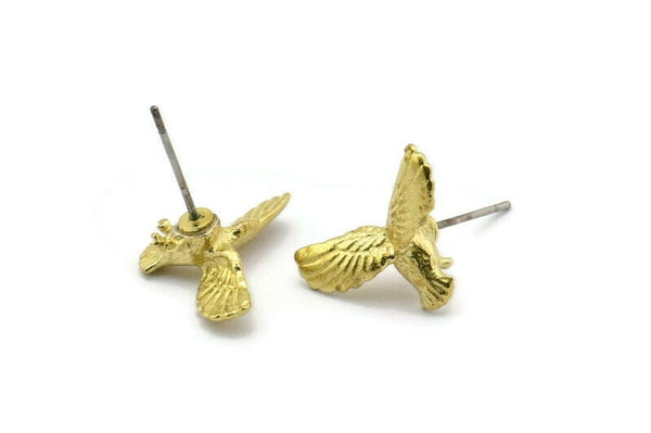 Brass Bird Earring, 6 Raw Brass Bird Stud Earrings (17x12mm) N1079