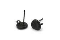 Black Round Earring, 6 Oxidized Black Brass Round Earring Studs, With 1 Loop (8mm) N1168 S649
