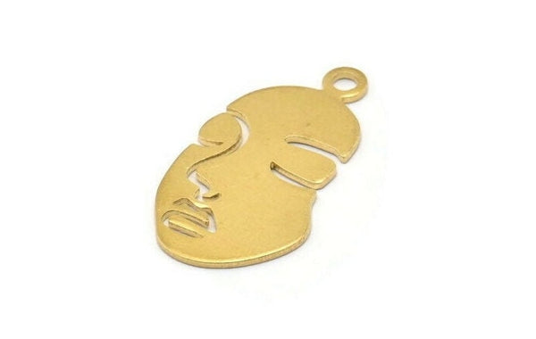 Brass Face Blank, 6 Raw Brass Face Shape Blanks With 1 Loop, Blanks, Pendant, Earrings, Findings (33.5x17x1mm) E023