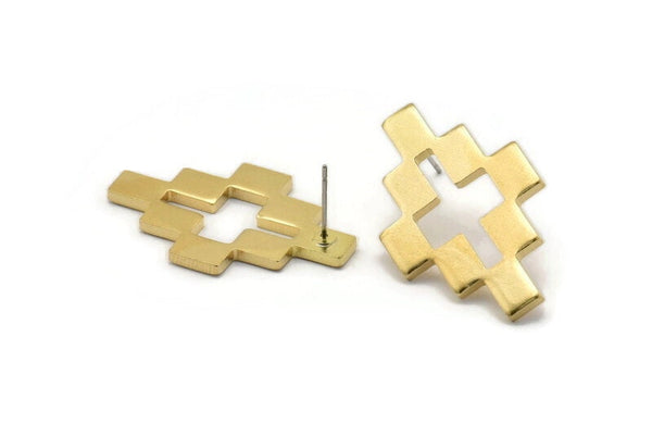 Brass Puzzle Earring, 4 Raw Brass Stud Earrings (35x22x2mm) D981 A1255