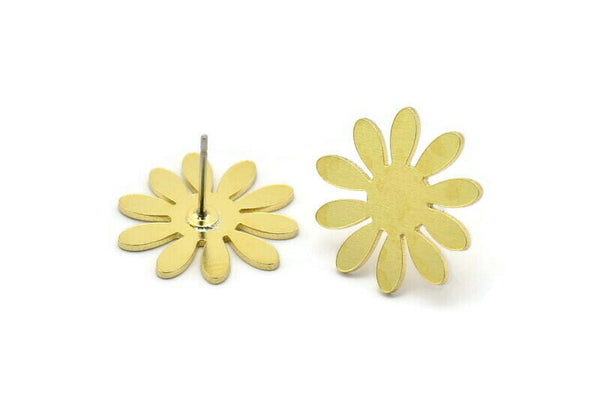 Brass Flower Earring, 8 Raw Brass Flower Shaped Stud Earrings (17x0.80mm) A2694
