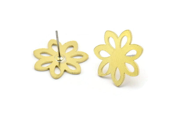 Brass Flower Earring, 8 Raw Brass Flower Shaped Stud Earrings (17x0.80mm) A2693