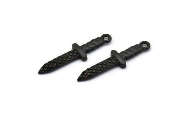 Black Knife Charm, 4 Oxidized Black Brass Knife Charms With 1 Loop (28x7x2mm) N1647 S1178