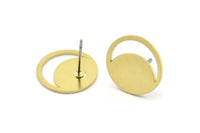 Brass Round Earring, 8 Raw Brass Crescent Moon Patterned Round Shaped Stud Earrings (14x0.80mm) A2735