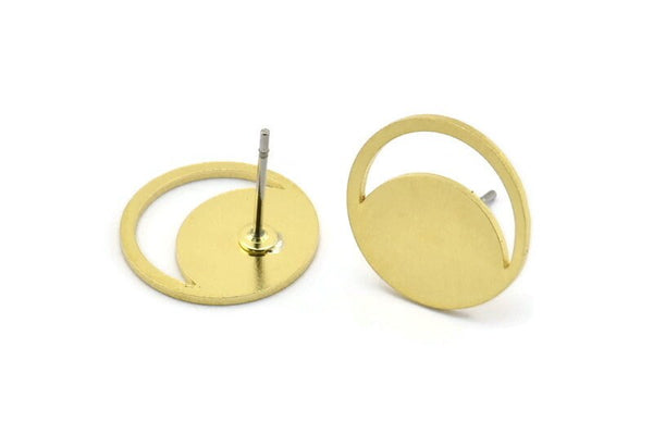 Brass Round Earring, 8 Raw Brass Crescent Moon Patterned Round Shaped Stud Earrings (14x0.80mm) A2735