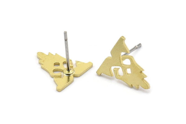 Earring Studs, 10 Raw Brass - Ethnic Motif Shaped Stud Earrings - Brass Earrings - Earrings (12x11x0.80mm) A2738