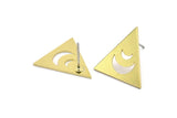 Brass Triangle Earring, 8 Raw Brass Crescent Moon Patterned Triangle Shaped Stud Earrings (18x17x0.80mm) A2731