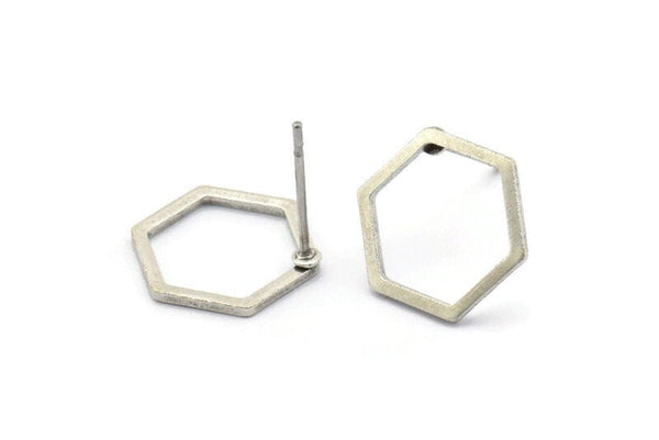 Silver Hexagon Earring, 10 Antique Silver Plated Brass Hexagon Stud Earrings (12x0.90mm) A1636 A1714