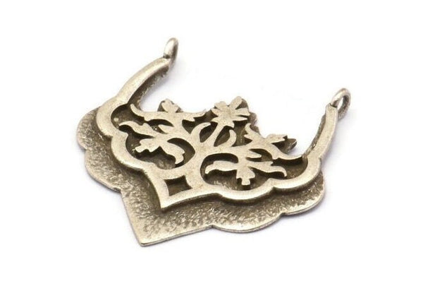 Silver Ethnic Pendant, 2 Antique Silver Plated Brass Ethnic Pendants With 2 Loops (31x32x1.6mm) E249 Q0676