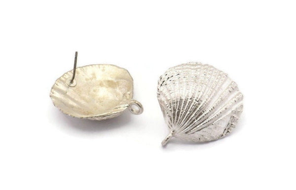 Silver Shell Earring, 2 Matte Silver Plated Brass Sea Shell Earring with 1 Loop, Findings (27x24.5mm) E281