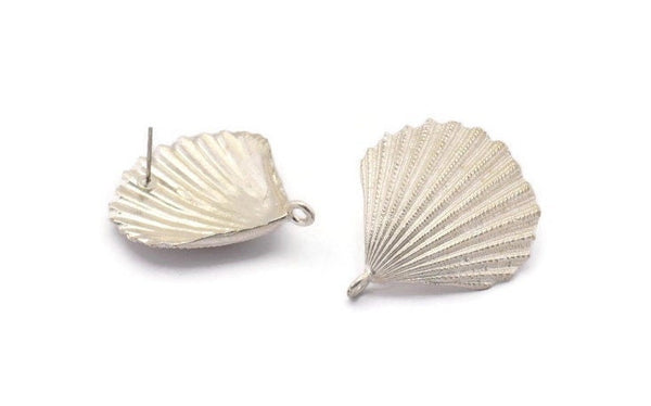Silver Shell Earring, 2 Matte Silver Plated Brass Sea Shell Earring with 1 Loop, Findings (29x34mm) E283