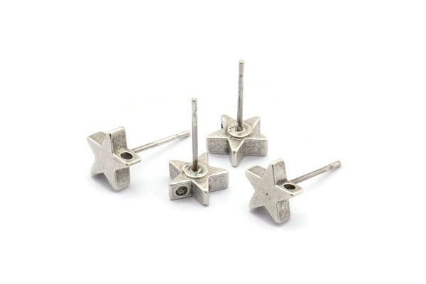 Gümüş Yıldız Küpe, 6 Antik Gümüş Kaplama Pirinç Yıldız Küpe (8x2,6 mm) D0126 A2008
