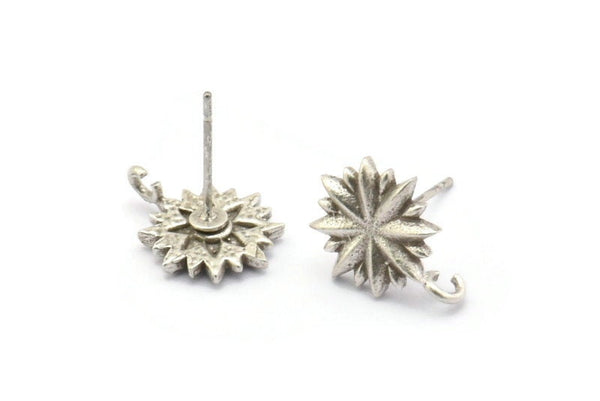 Silver Rosette Earring, 6 Antique Silver Plated Brass Badge Stud Earrings (14x12mm) N1618