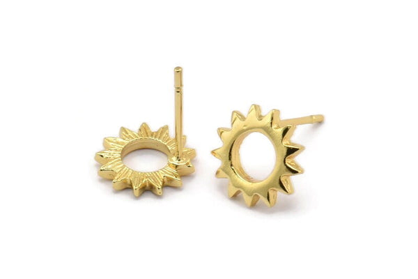 Gold Sun Earring, 8 Gold Plated Brass Sun Stud Earrings (10x1.2mm) N1216 Q1080