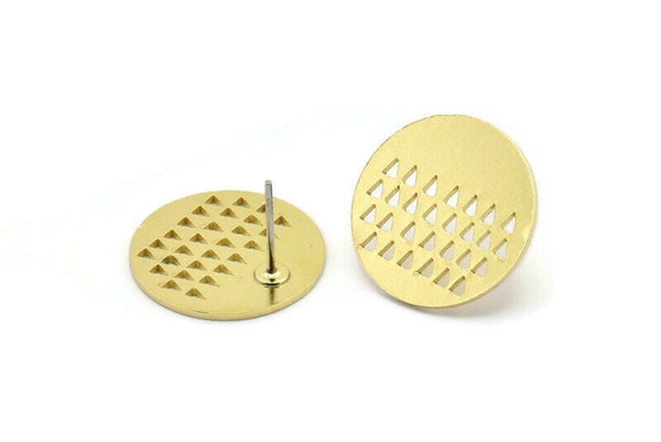 Brass Round Earring, 8 Raw Brass Triangle Patterned Round Shaped Stud Earrings (18x0.80mm) A2769