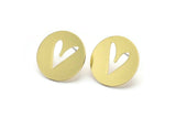 Brass Round Earring, 8 Raw Brass Heart Patterned Round Shaped Stud Earrings (18x0.80mm) A2771