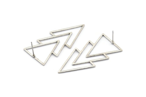 Silver Triangle Earring, 4 Antique Silver Plated Brass Triangle Stud Earrings (46x21x1mm) E034 A1216 H0445