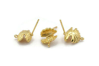 Gold Sea Shell Earring, 4 Gold Plated Brass Sea Shell Stud Earrings With 1 Loop (12x13mm) N1181
