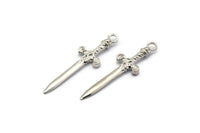 Knight&#39;s Sword Pendant, 4 Silver Tone Brass Sword Charms (36x10mm) N0248 H1208