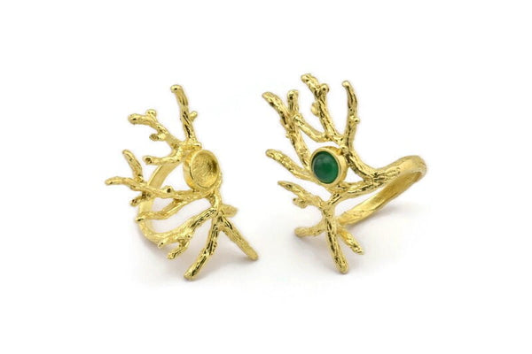 Brass Branch Ring, Raw Brass Branch Ring With 1 Stone Settings - Pad Size 6mm N2012