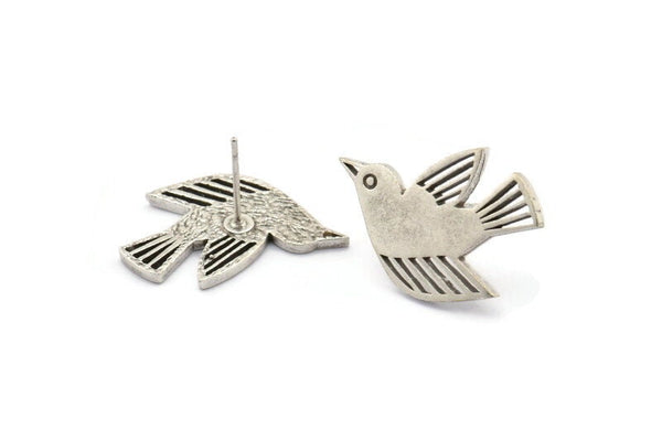 Gümüş Kuş Küpe, 2 Antik Gümüş Kaplama Pirinç Kuş Küpe (24x15x1,2 mm) N1645 H1091