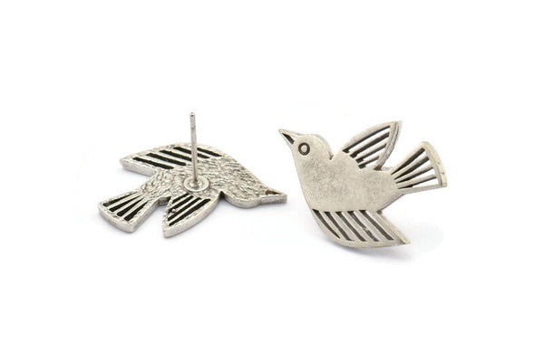 Silver Bird Earring, 2 Antique Silver Plated Brass Bird Stud Earrings (24x15x1.2mm) N1645 H1091